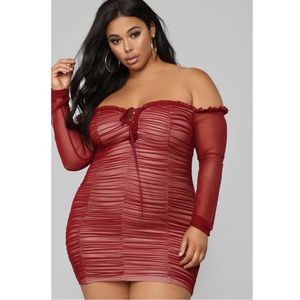 Lace sheer off-shoulder strapless ruched dress tie front size 1X plus red wine